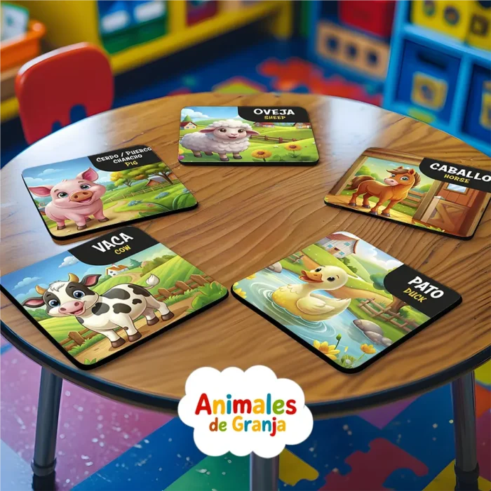 Set de 15 Tarjetas ilustradas - Los Animales de la Granja - Set de Tarjetas educativas bilingüe Español - Inglés