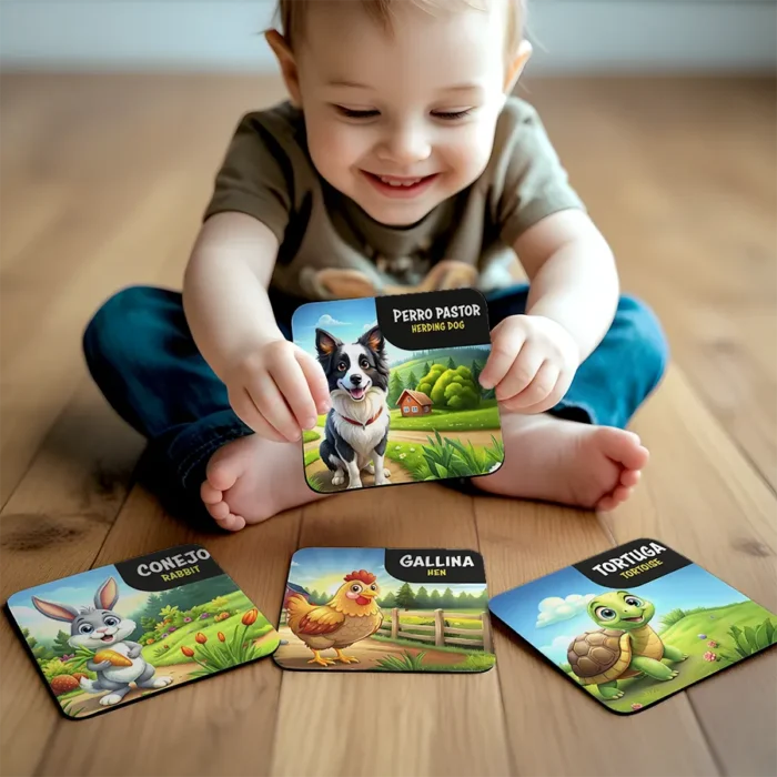Set de 15 Tarjetas ilustradas - Los Animales de la Granja - Set de Tarjetas educativas bilingüe Español - Inglés - Image 3