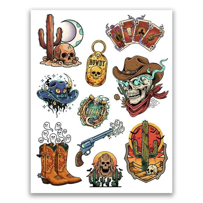 Tatuajes temporales de Hallowen Vaqueros - Hoja 8,5 x 11 pulgadas - Colección hallowen 2025