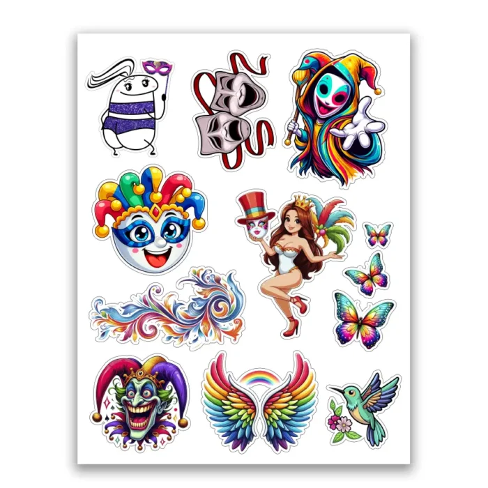 Tatuajes temporales de Carnaval – Hoja 8,5 x 11 pulgadas – Colección Carnavales 2026